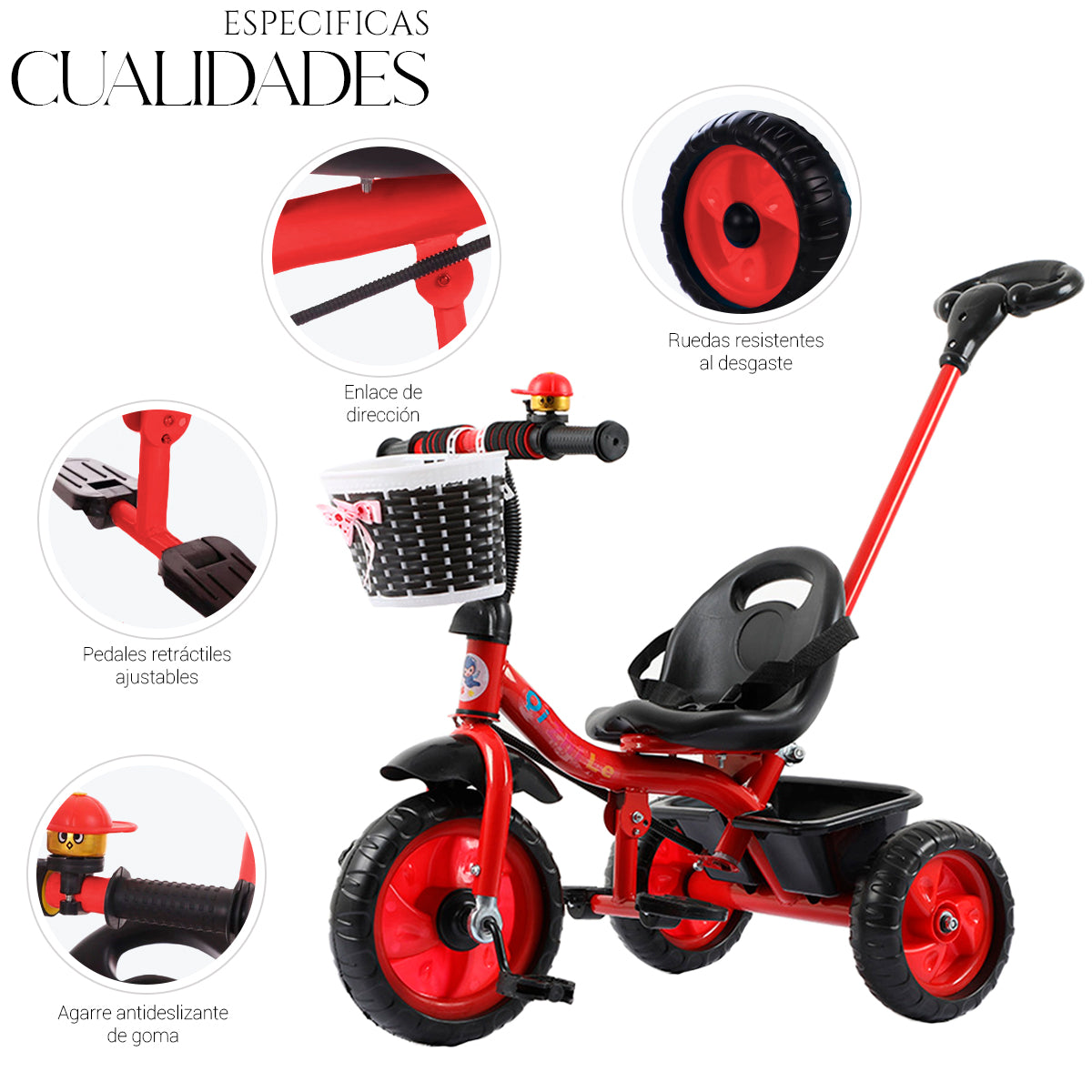 Triciclo de 3 Ruedas con Canastilla Delantera Baston de Seguimiento