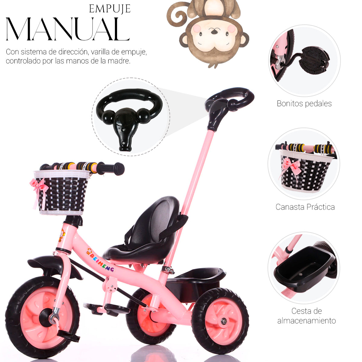 Triciclo de 3 Ruedas con Canastilla Delantera Baston de Seguimiento