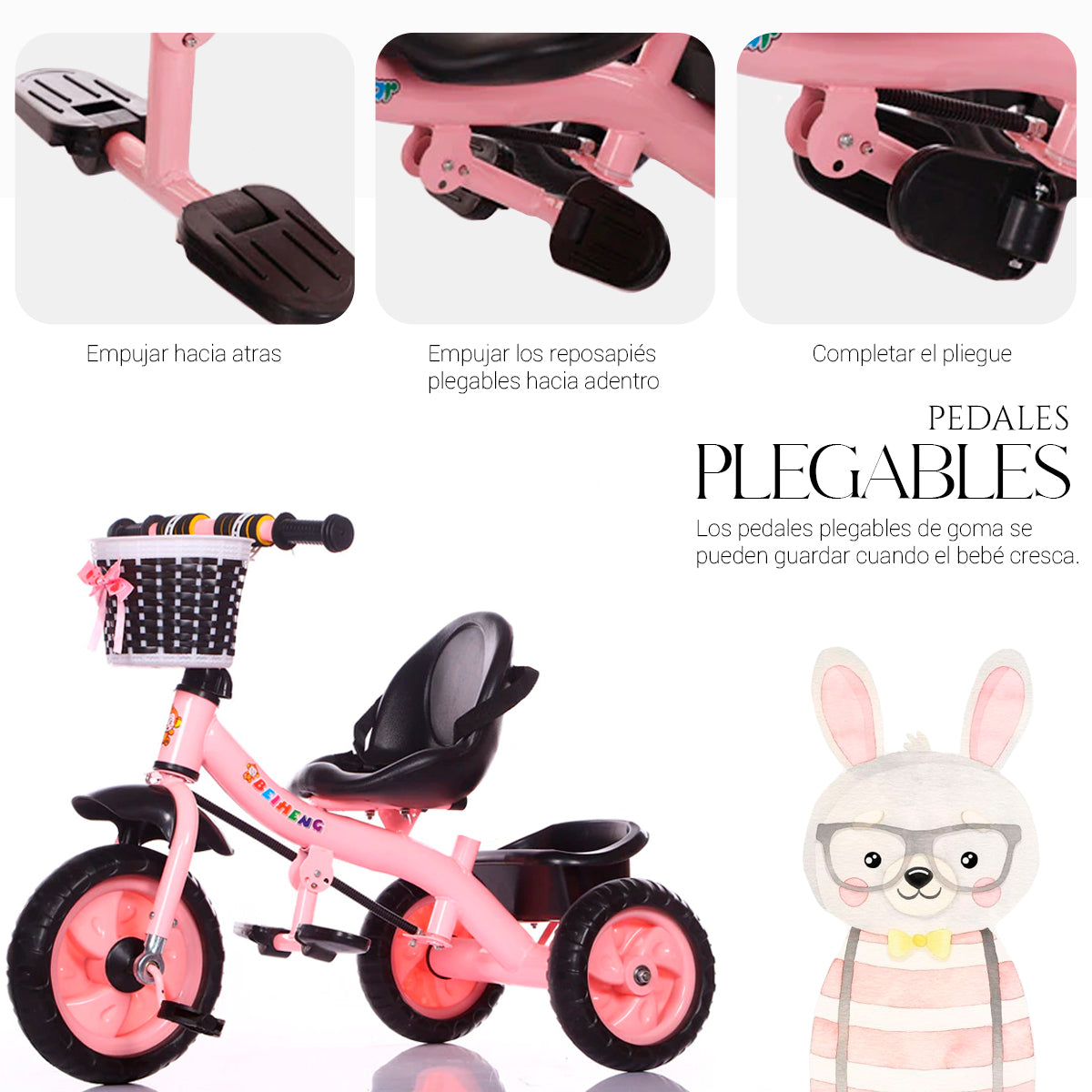 Triciclo de 3 Ruedas con Canastilla Delantera Baston de Seguimiento