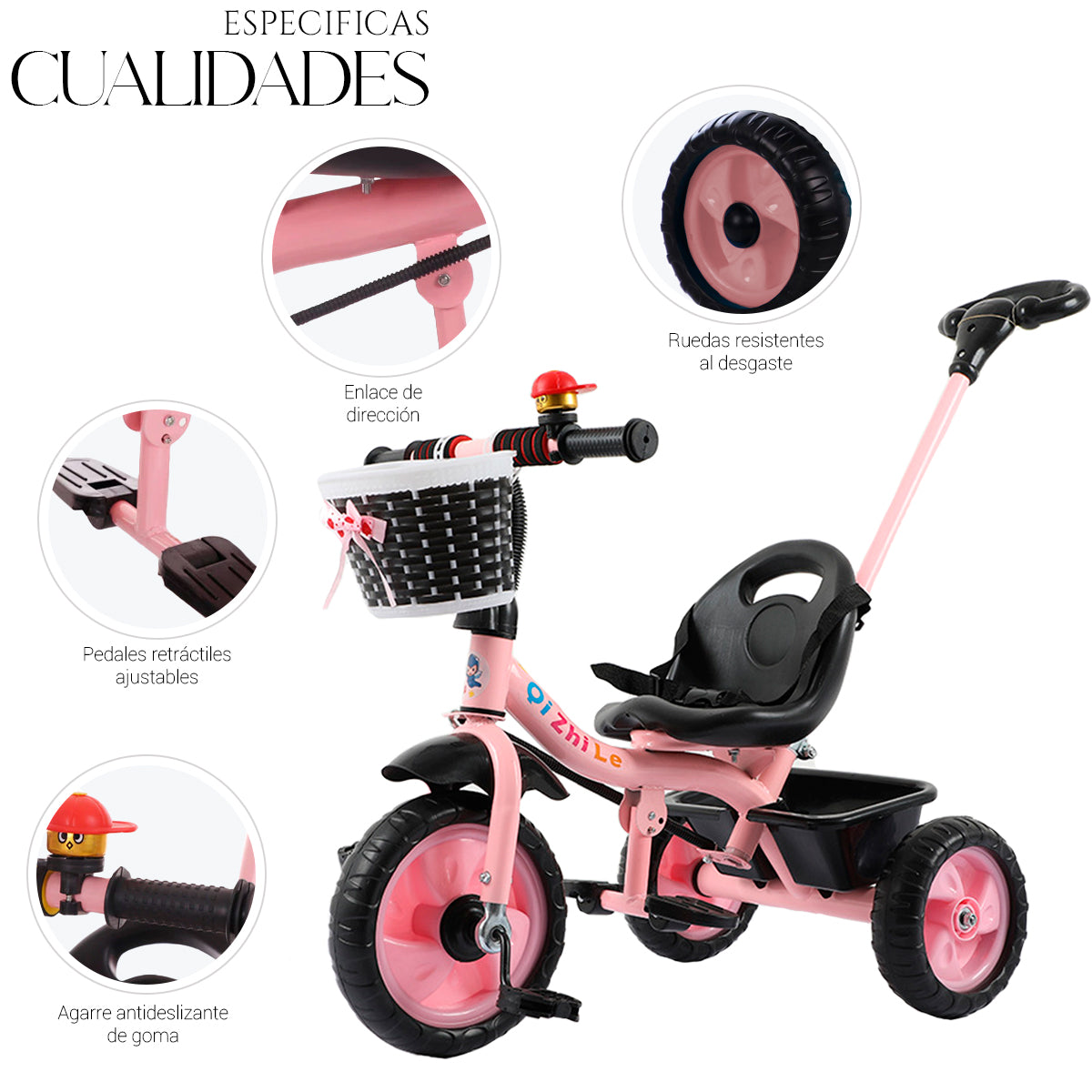 Triciclo de 3 Ruedas con Canastilla Delantera Baston de Seguimiento