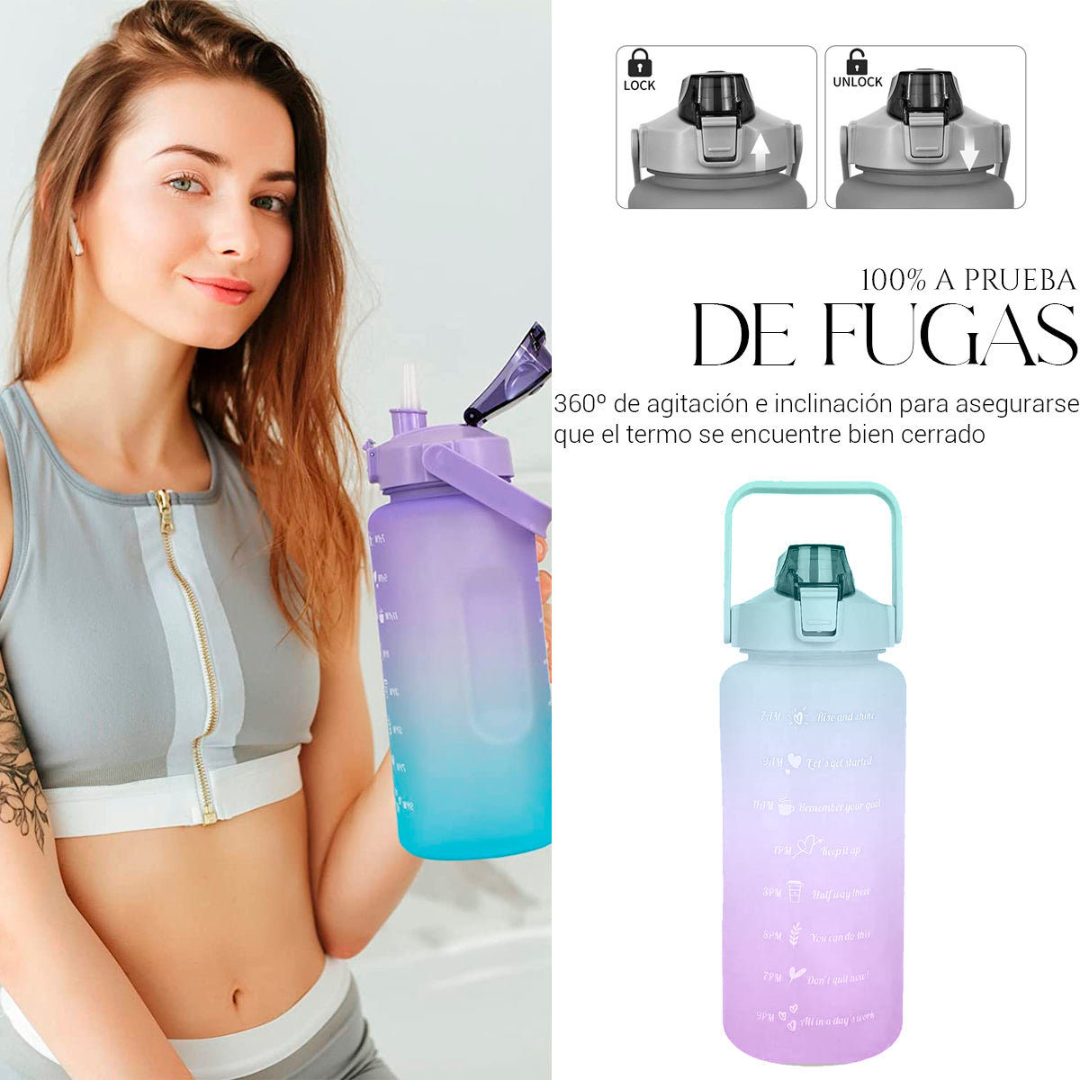 Botella De Agua Deportiva 2 Lts Gran Capacidad Gym Popote