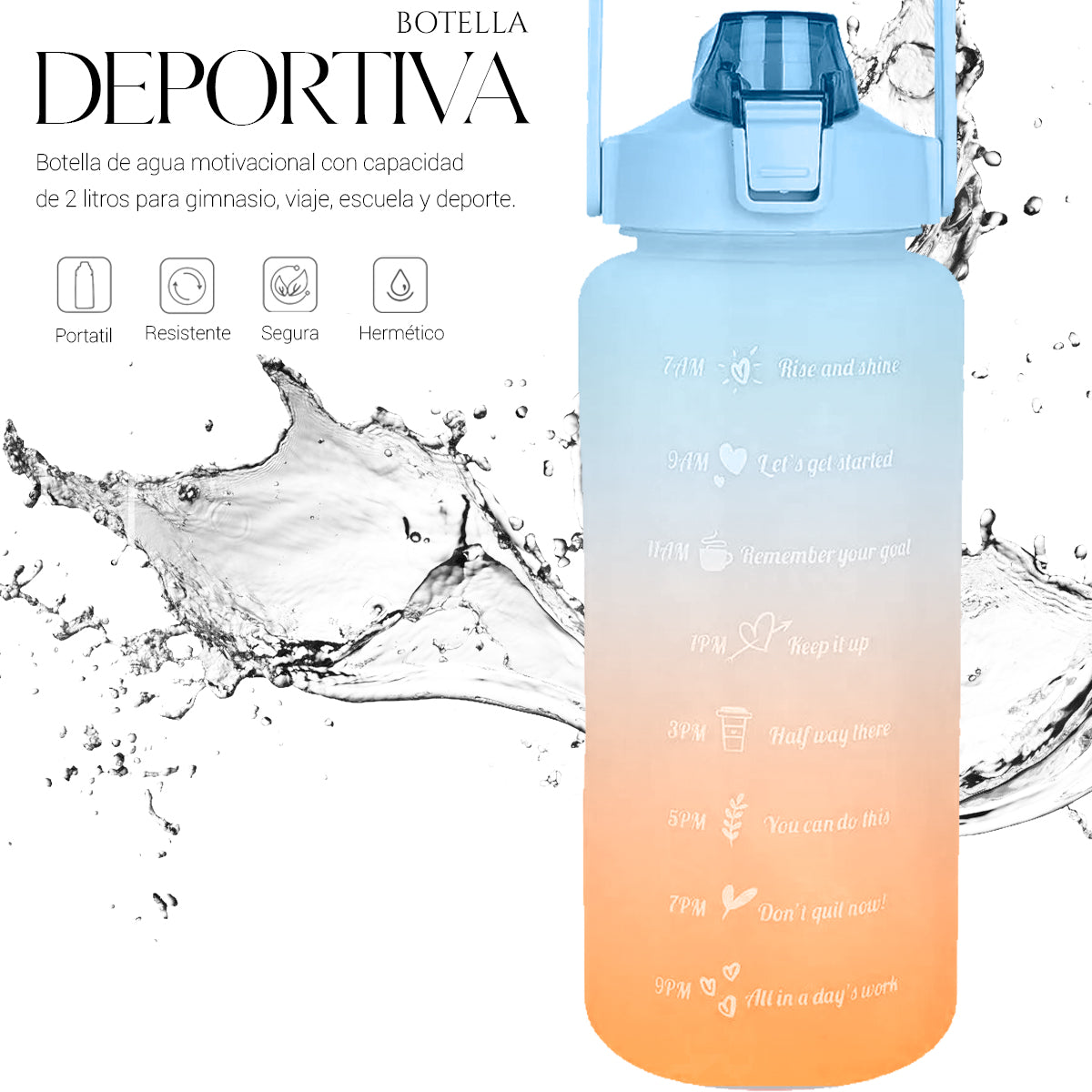 Botella De Agua Deportiva 2 Lts Gran Capacidad Gym Popote