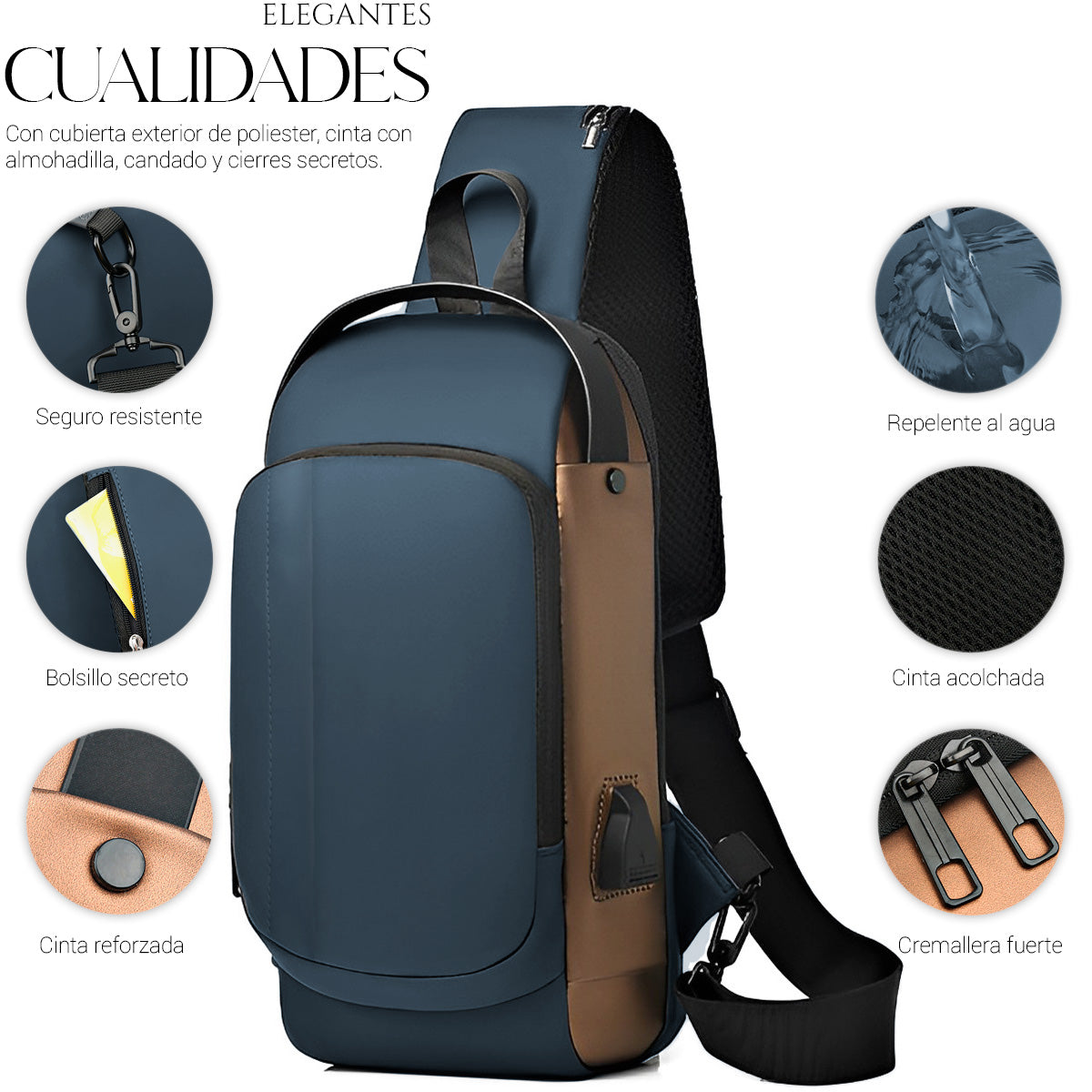 Mochila Bandolera Cruzada Pechera Antirrobo Tipo Piel Con Entrada Usb