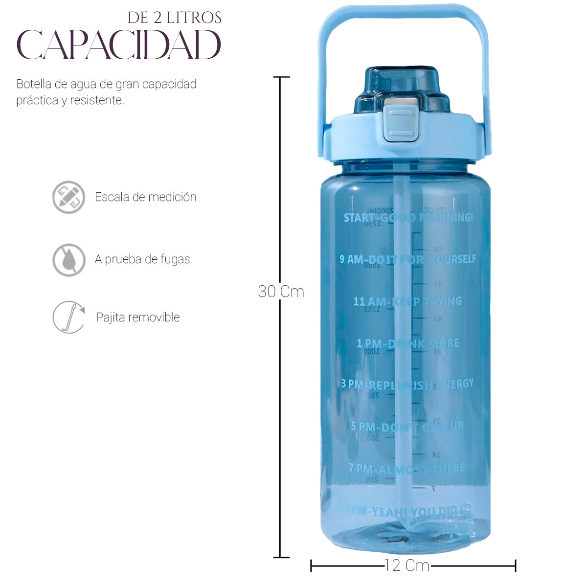 Botella De Agua Deportiva 2 Lts Gran Capacidad Gym Popote