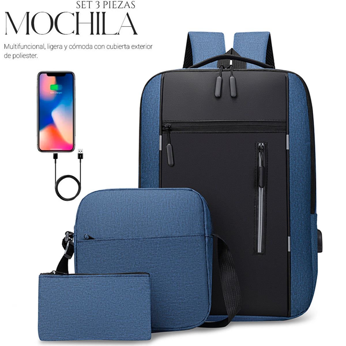 Mochilas Backpack Impermeable Puerto Usb Set 3pzs