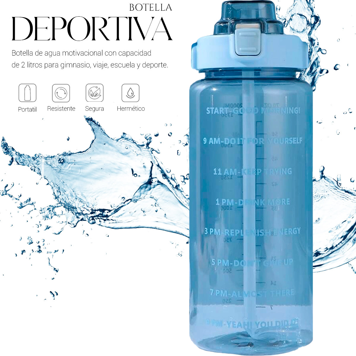 Botella De Agua Deportiva 2 Lts Gran Capacidad Gym Popote