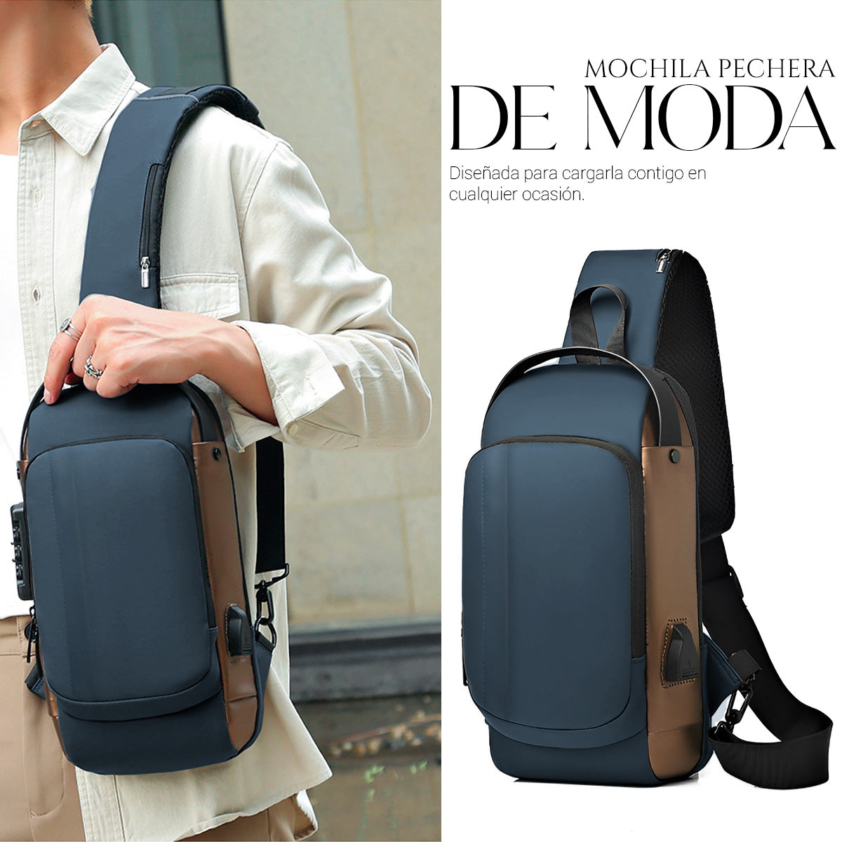 Mochila Bandolera Cruzada Pechera Antirrobo Tipo Piel Con Entrada Usb