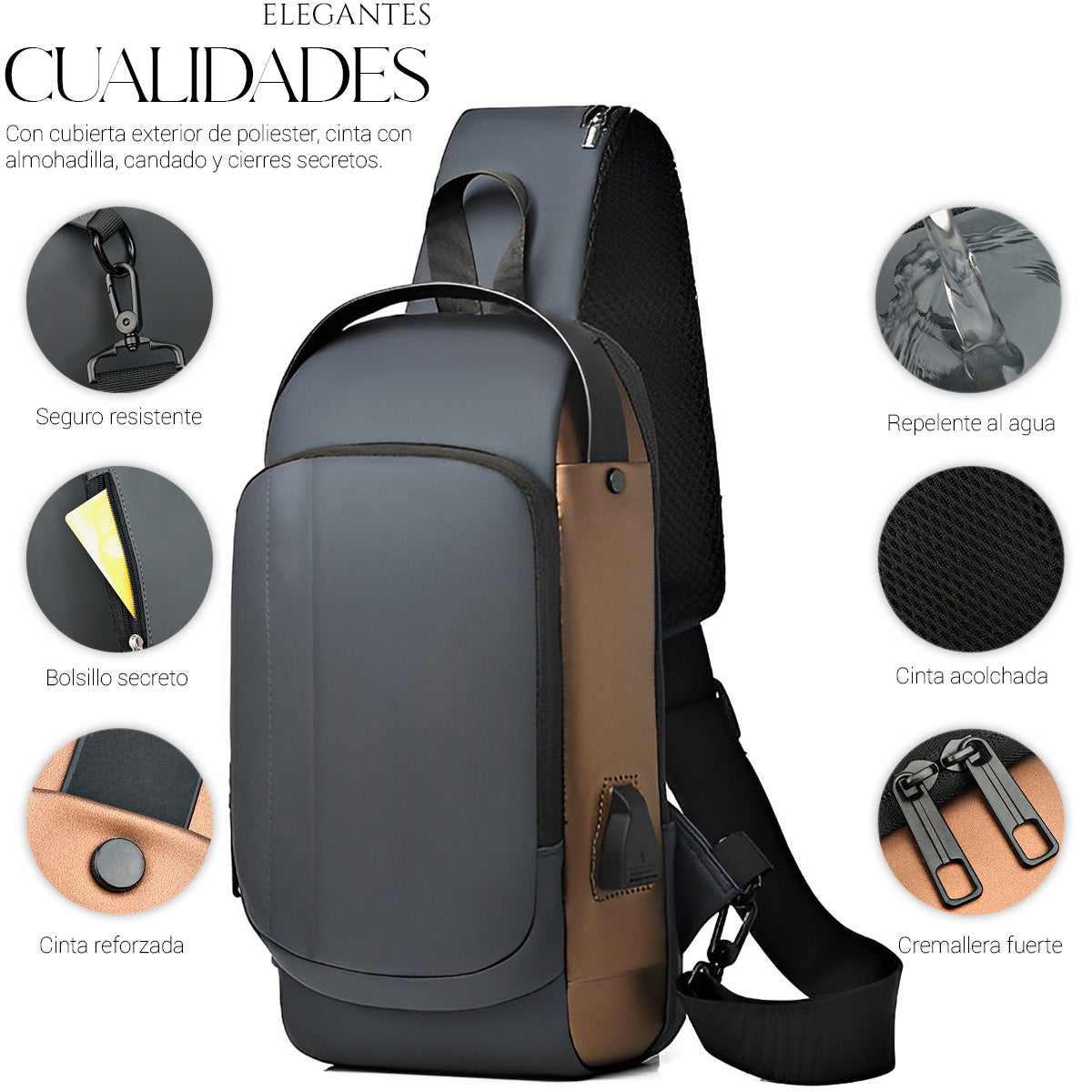 Mochila Bandolera Cruzada Pechera Antirrobo Tipo Piel Con Entrada Usb
