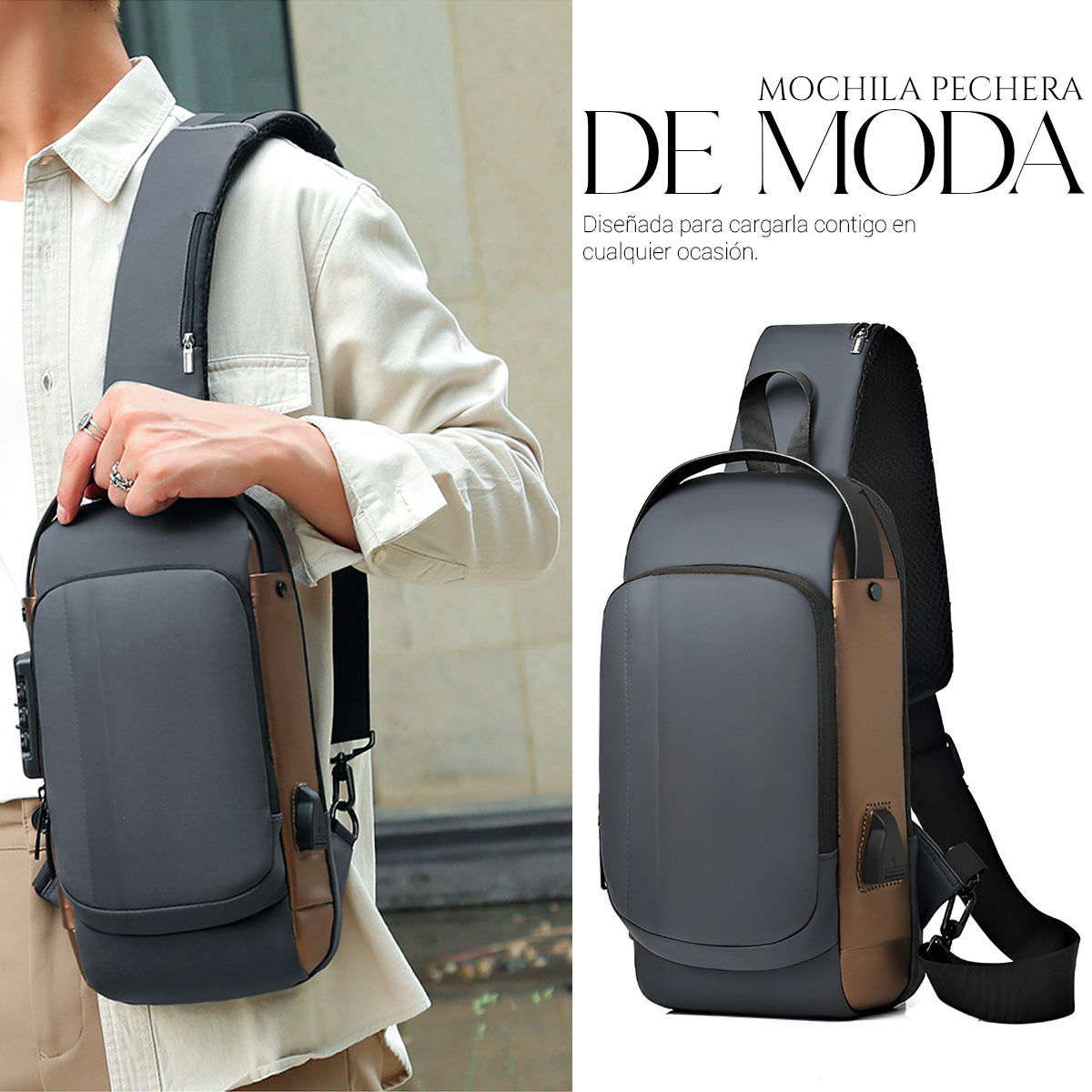 Mochila Bandolera Cruzada Pechera Antirrobo Tipo Piel Con Entrada Usb