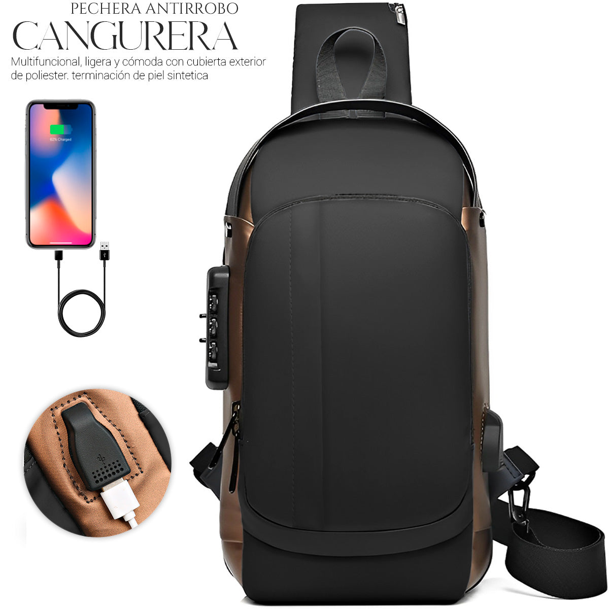 Mochila Bandolera Cruzada Pechera Antirrobo Tipo Piel Con Entrada Usb