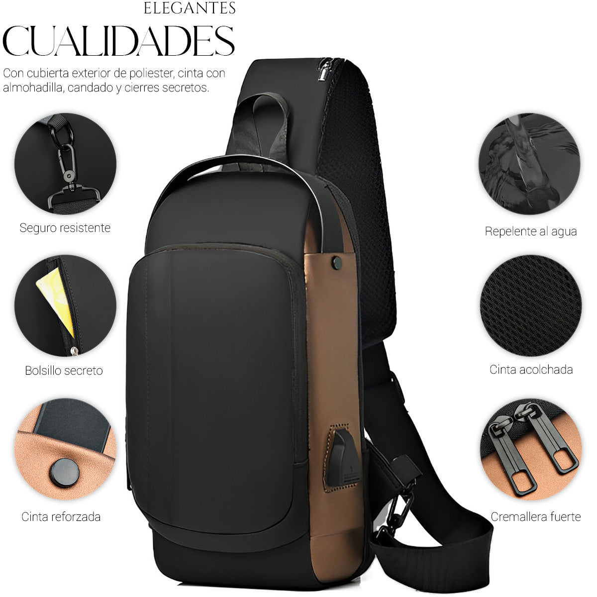 Mochila Bandolera Cruzada Pechera Antirrobo Tipo Piel Con Entrada Usb