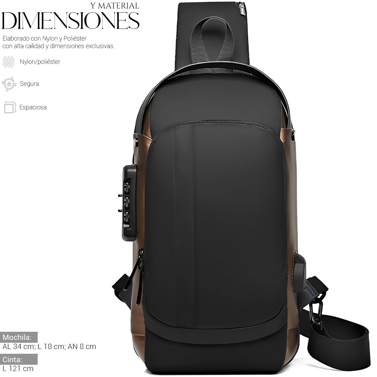 Mochila Bandolera Cruzada Pechera Antirrobo Tipo Piel Con Entrada Usb