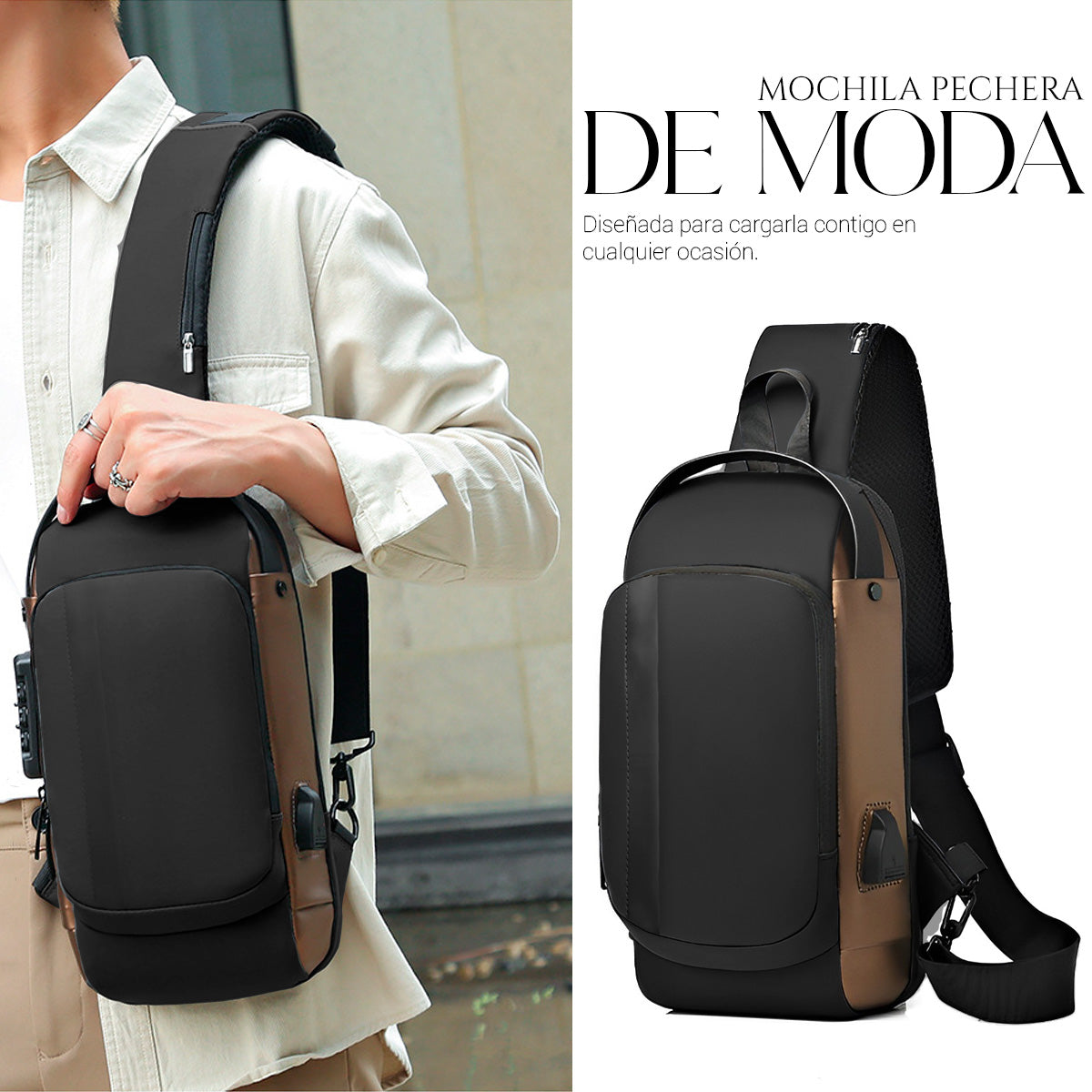 Mochila Bandolera Cruzada Pechera Antirrobo Tipo Piel Con Entrada Usb