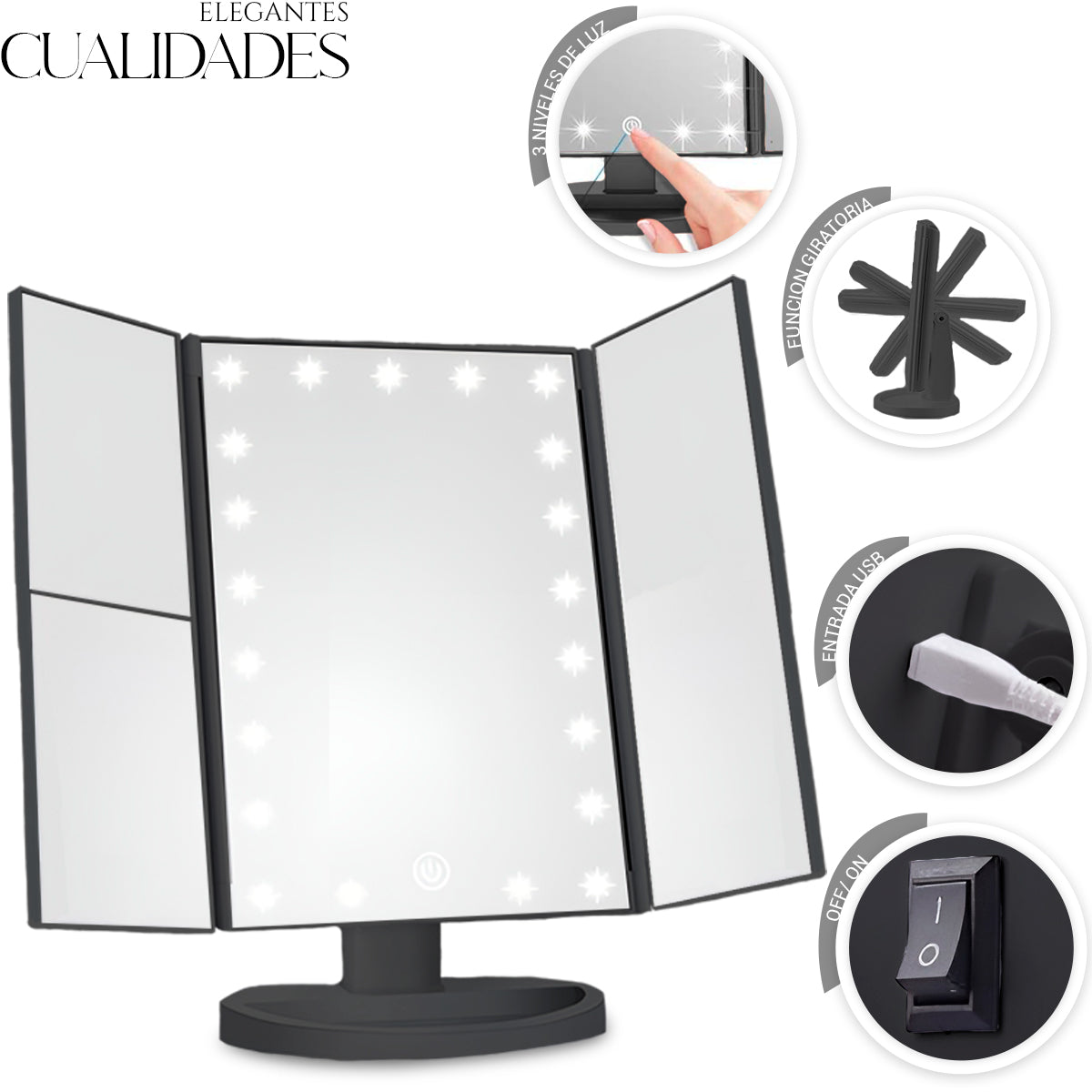 Espejo De Maquillaje Led Con Pantalla Táctil Rotacion 360