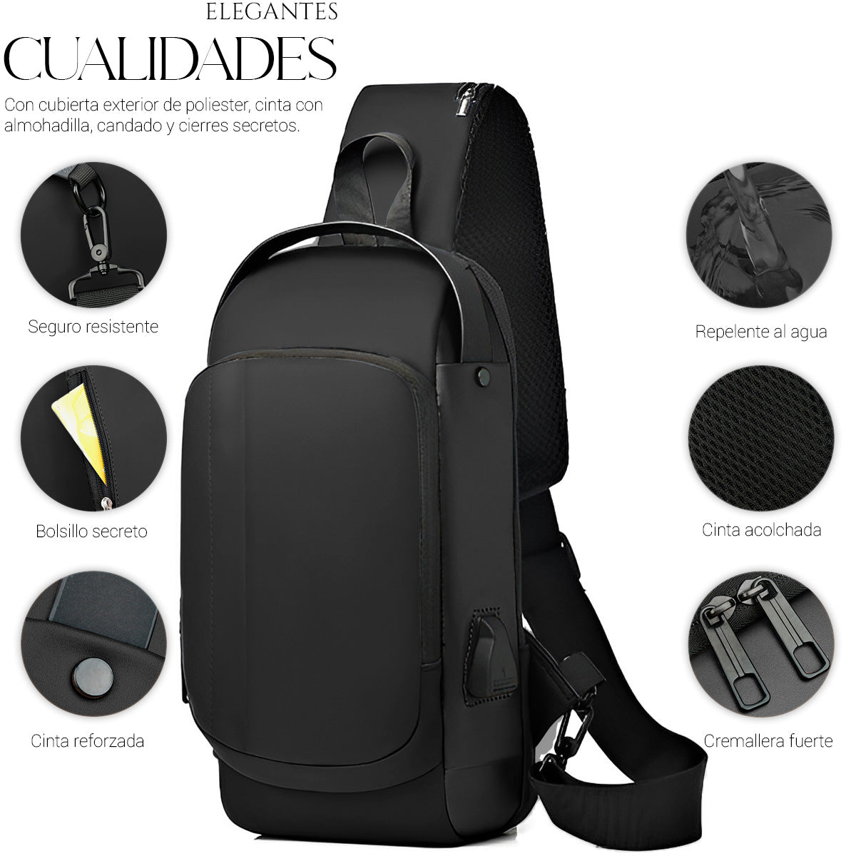 Mochila Bandolera Cruzada Pechera Antirrobo Tipo Piel Con Entrada Usb