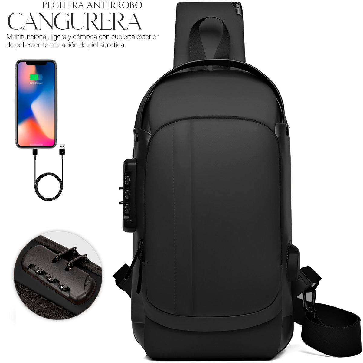 Mochila Bandolera Cruzada Pechera Antirrobo Tipo Piel Con Entrada Usb