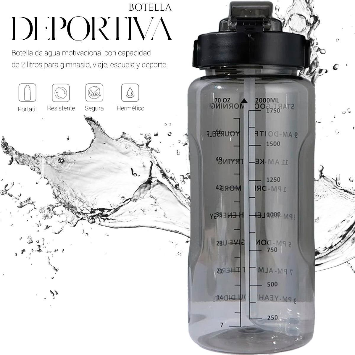 Botella De Agua Deportiva 2 Lts Gran Capacidad Gym Popote