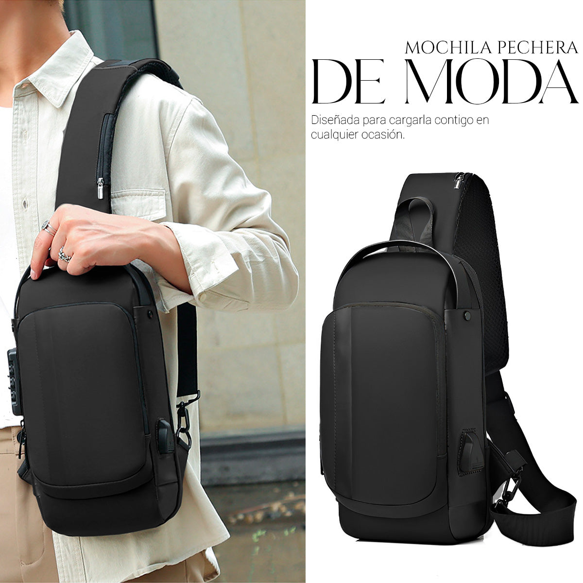 Mochila Bandolera Cruzada Pechera Antirrobo Tipo Piel Con Entrada Usb