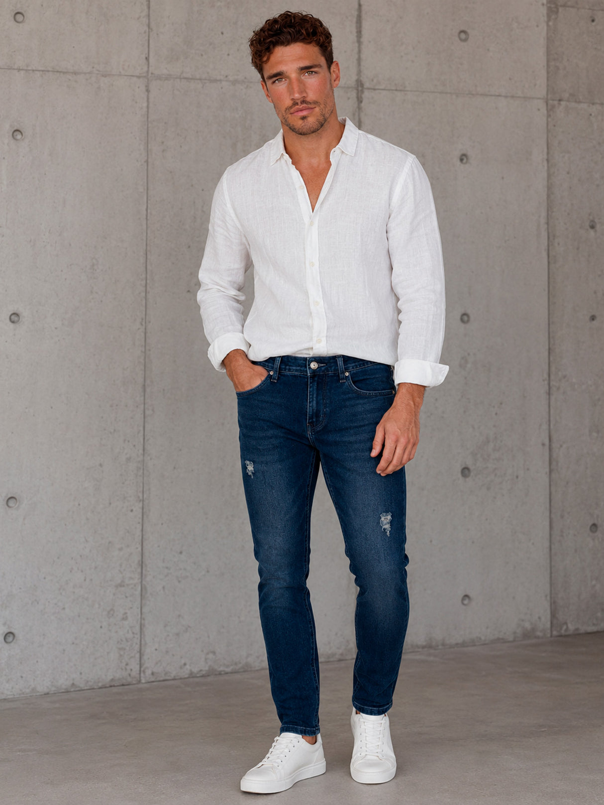 Jeans Hombre Slim Fit Azul Oscuro Mezclilla Stretch Con Roto Sutil Pantalón Mezclilla Ajustado Para Caballero