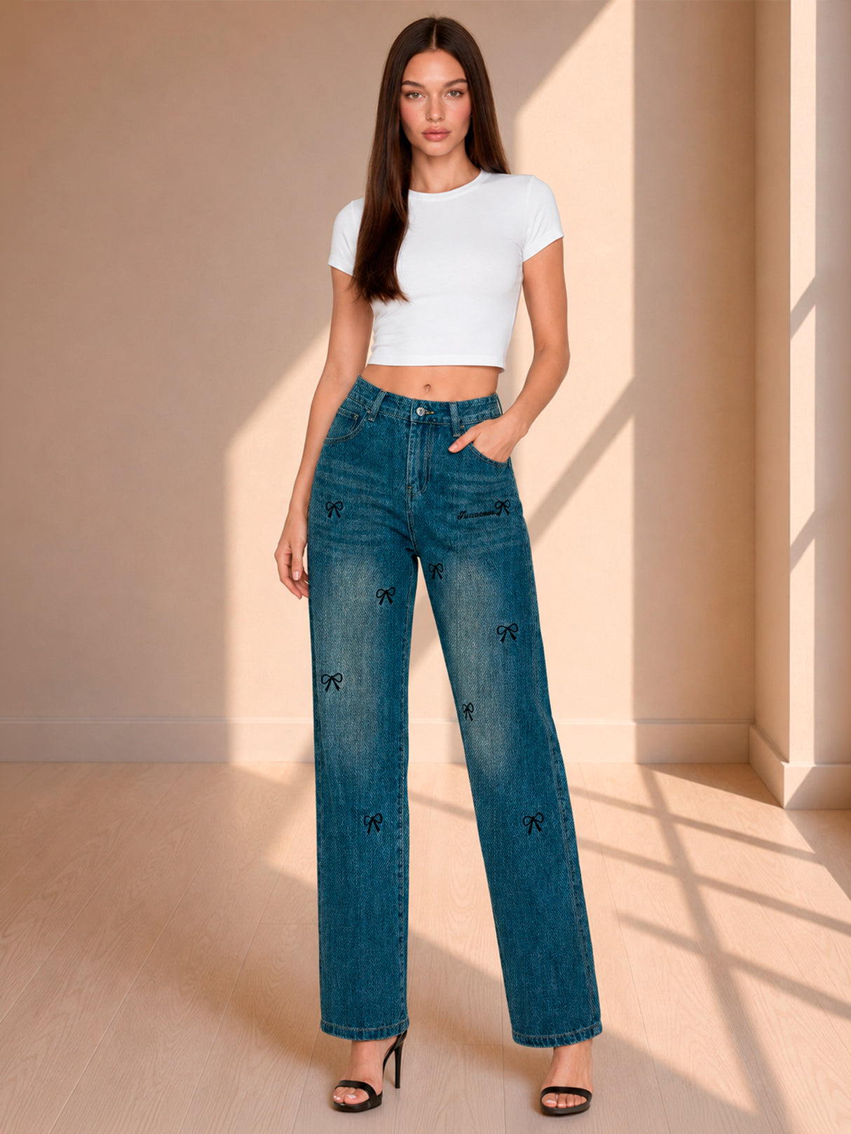Jeans Mujer Con Moños Tiro Alto Corte Recto Pantalón De Mezclilla