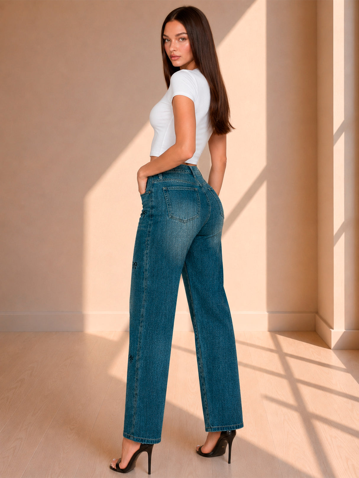 Jeans Mujer Con Moños Tiro Alto Corte Recto Pantalón De Mezclilla