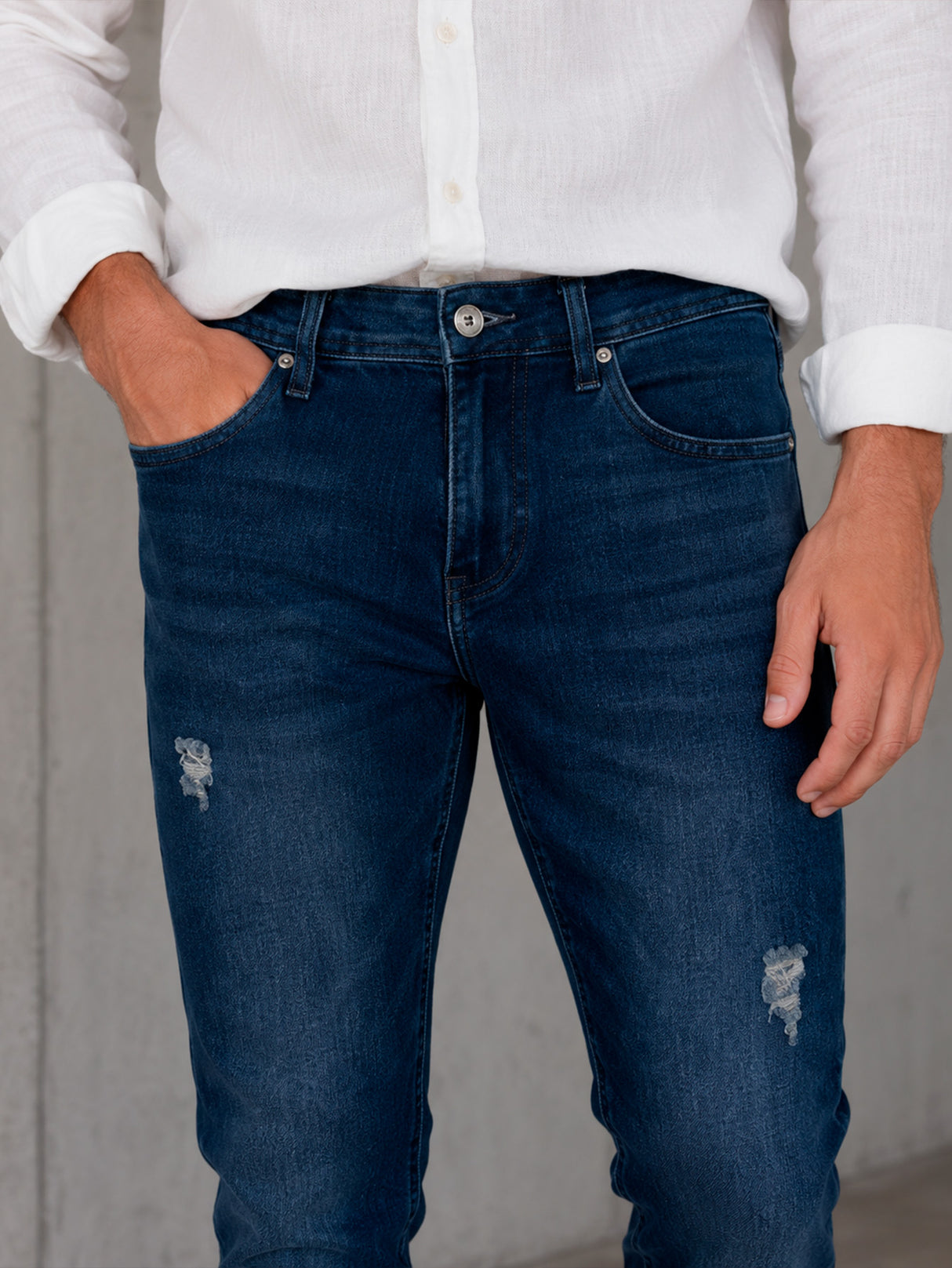 Jeans Hombre Slim Fit Azul Oscuro Mezclilla Stretch Con Roto Sutil Pantalón Mezclilla Ajustado Para Caballero