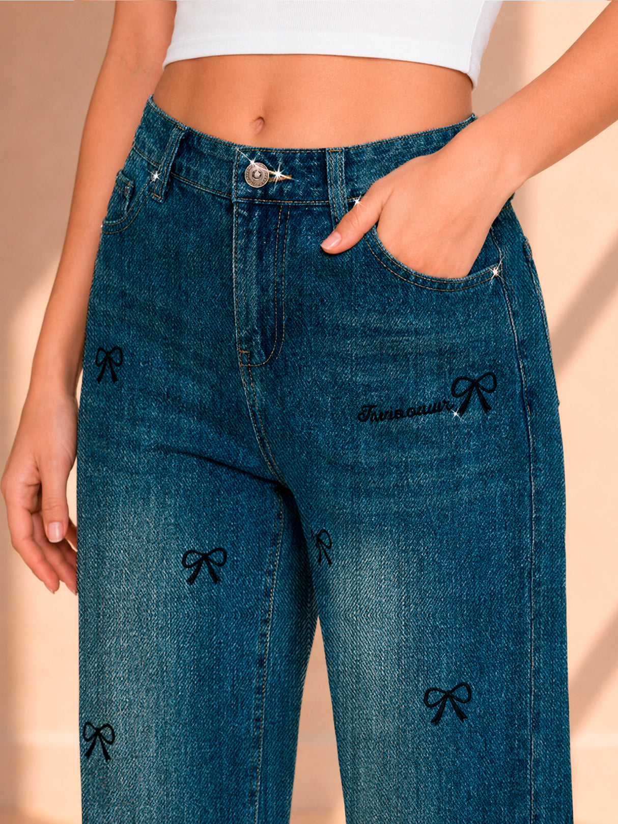 Jeans Mujer Con Moños Tiro Alto Corte Recto Pantalón De Mezclilla