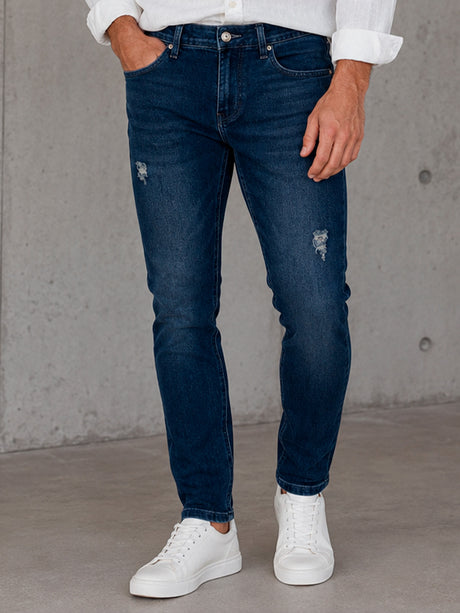 Jeans Hombre Slim Fit Azul Oscuro Mezclilla Stretch Con Roto Sutil Pantalón Mezclilla Ajustado Para Caballero
