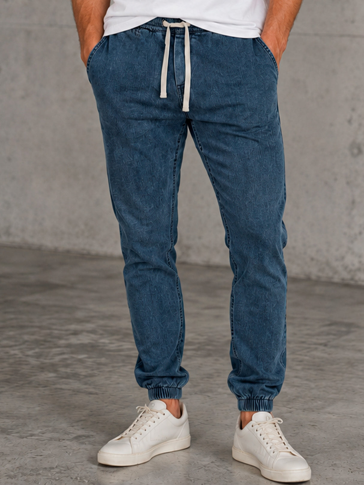 Jeans Jogger Hombre Mezclilla Stretch Pretina Con Resorte Y Cordón Pantalón Mezclilla Con Elástico En Tobillo
