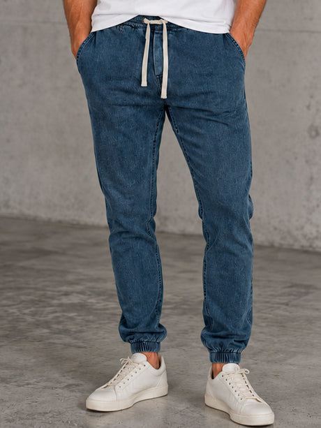 Jeans Jogger Hombre Mezclilla Stretch Pretina Con Resorte Y Cordón Pantalón Mezclilla Con Elástico En Tobillo