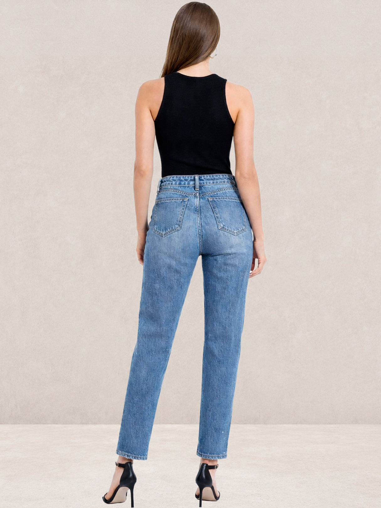 Pantalón Mezclilla Azul Jaspeado Recto Ancho Tiro Alto Demin Mujer Jeans