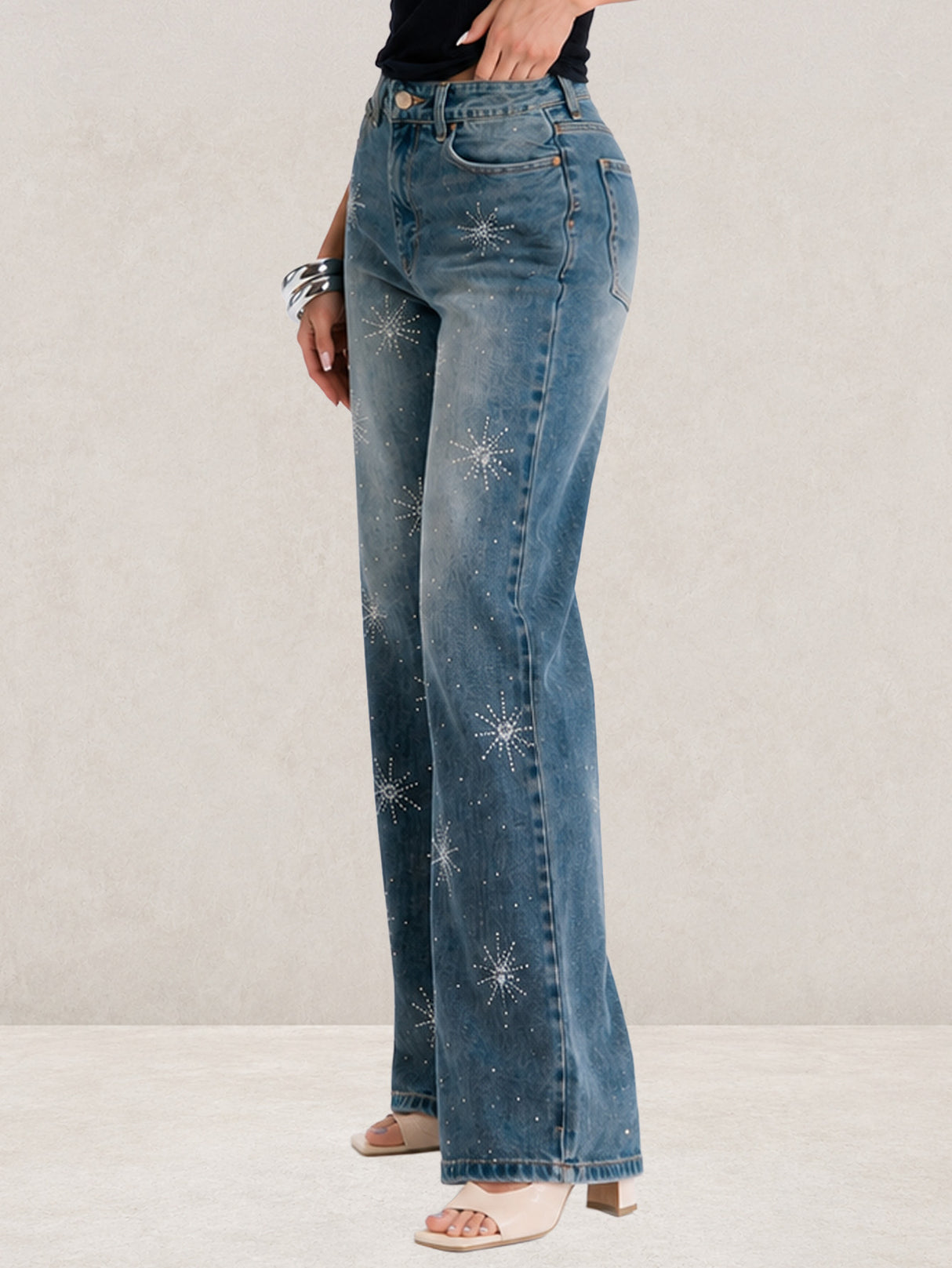 Pantalón Mezclilla Azul Navi Recto Ancho con Brillos Tiro Alto Demin Mujer Jeans