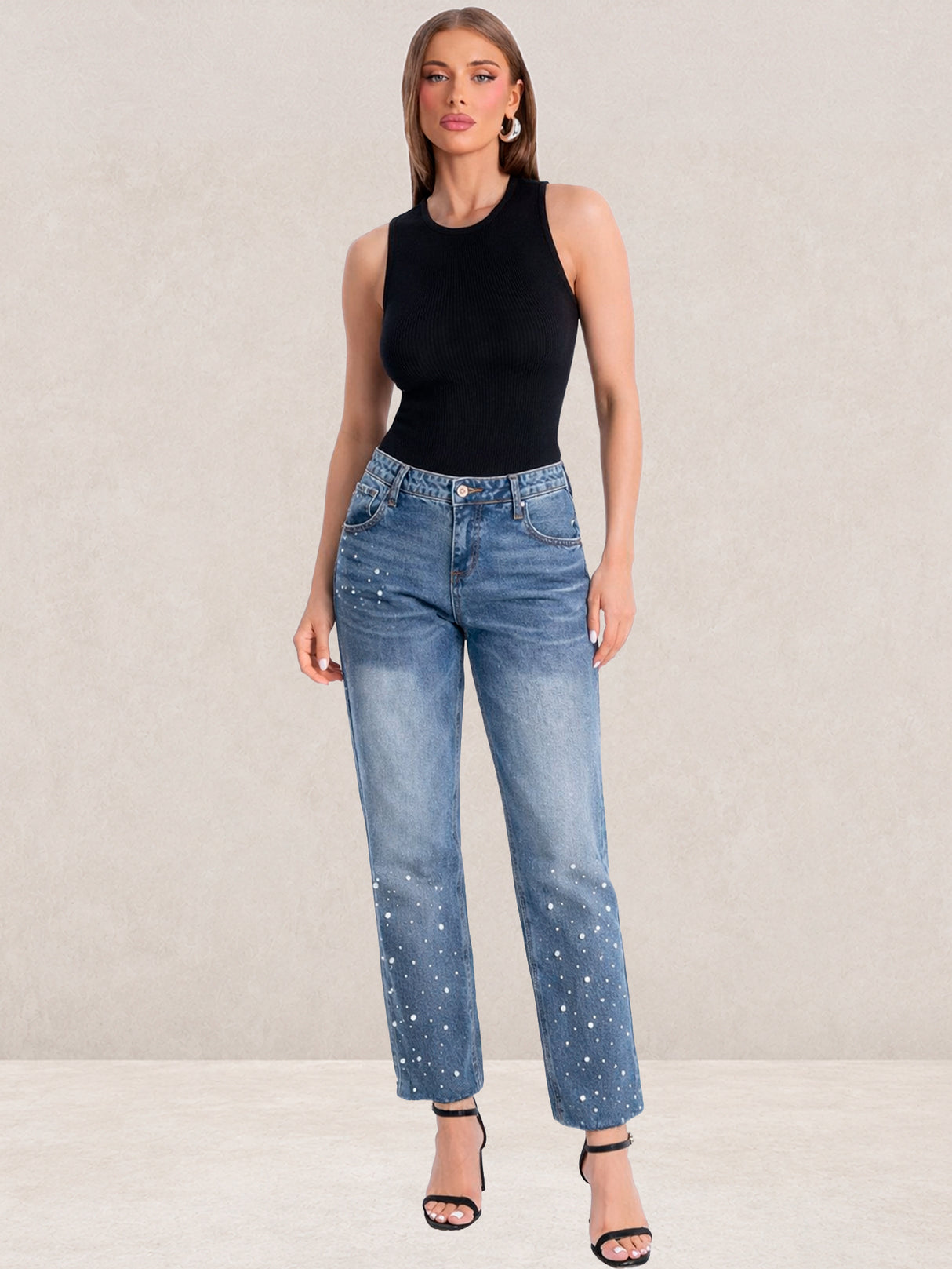 Pantalón Mezclilla Azul Jaspeado Recto Ancho Tiro Alto Demin Mujer Jeans Mayoreo