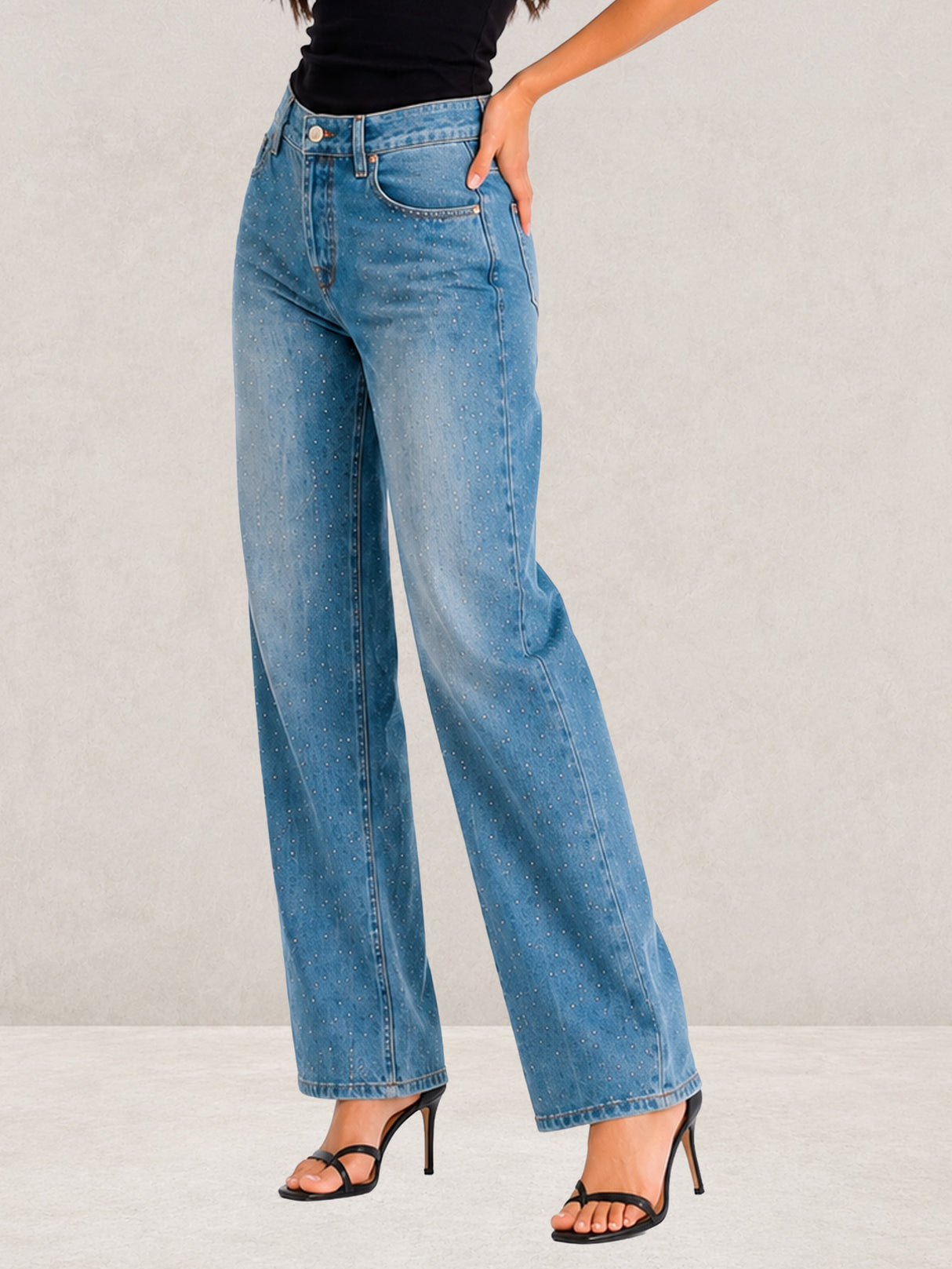 Pantalón Mezclilla Azul Marino Recto Ancho Tiro Alto con Brillo Demin Mujer Jeans Mayoreo