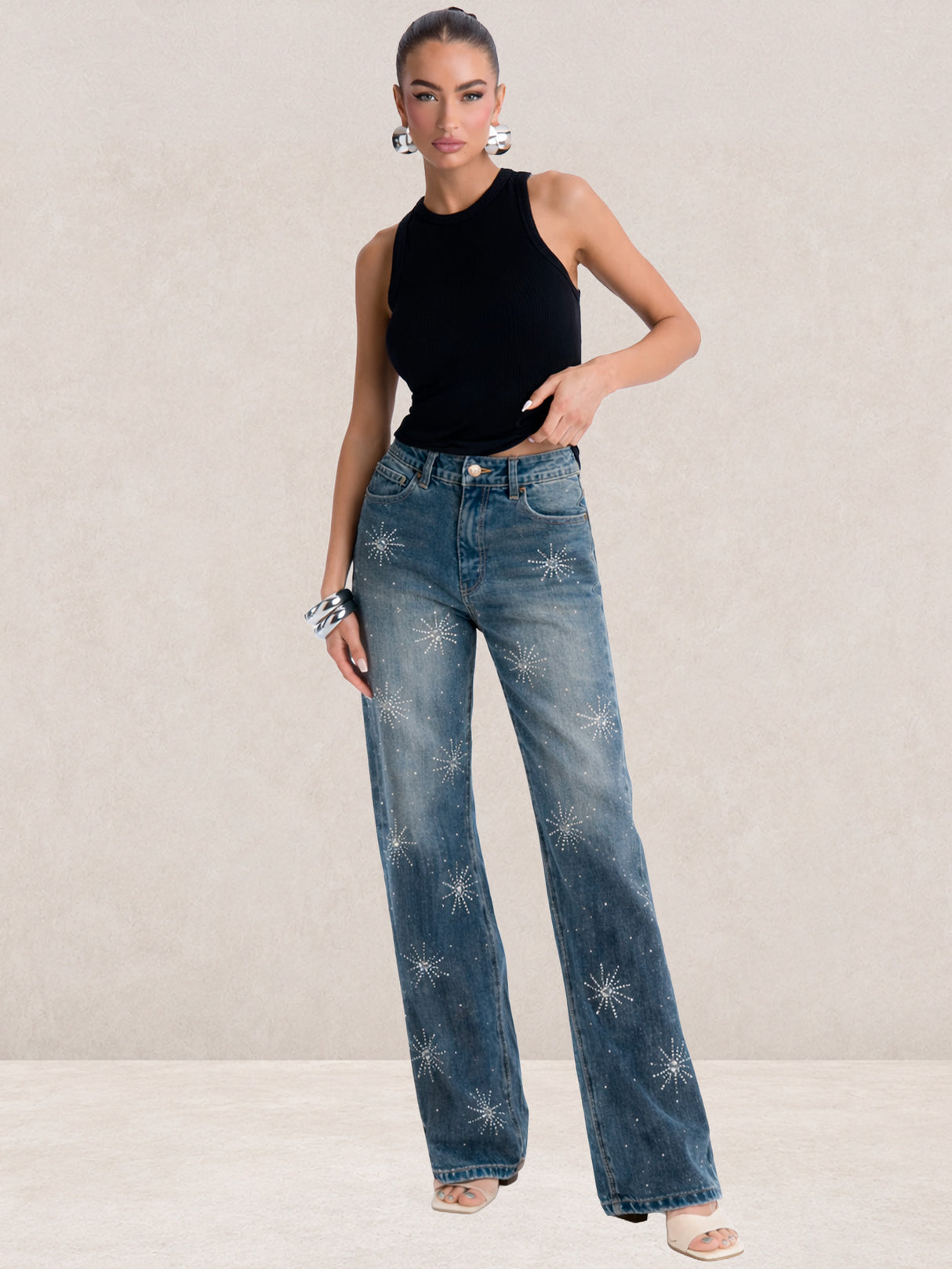 Pantalón Mezclilla Azul Navi Recto Ancho con Brillos Tiro Alto Demin Mujer Jeans