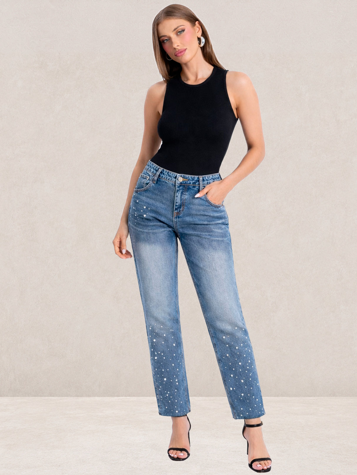 Pantalón Mezclilla Azul Jaspeado Recto Ancho Tiro Alto Demin Mujer Jeans Mayoreo