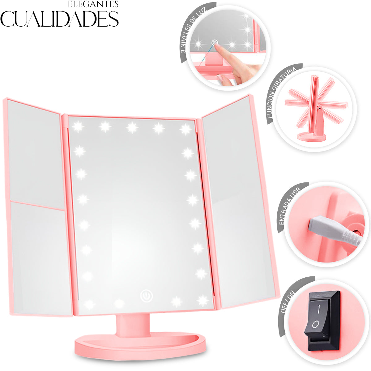 Espejo De Maquillaje Led Con Pantalla Táctil Rotacion 360