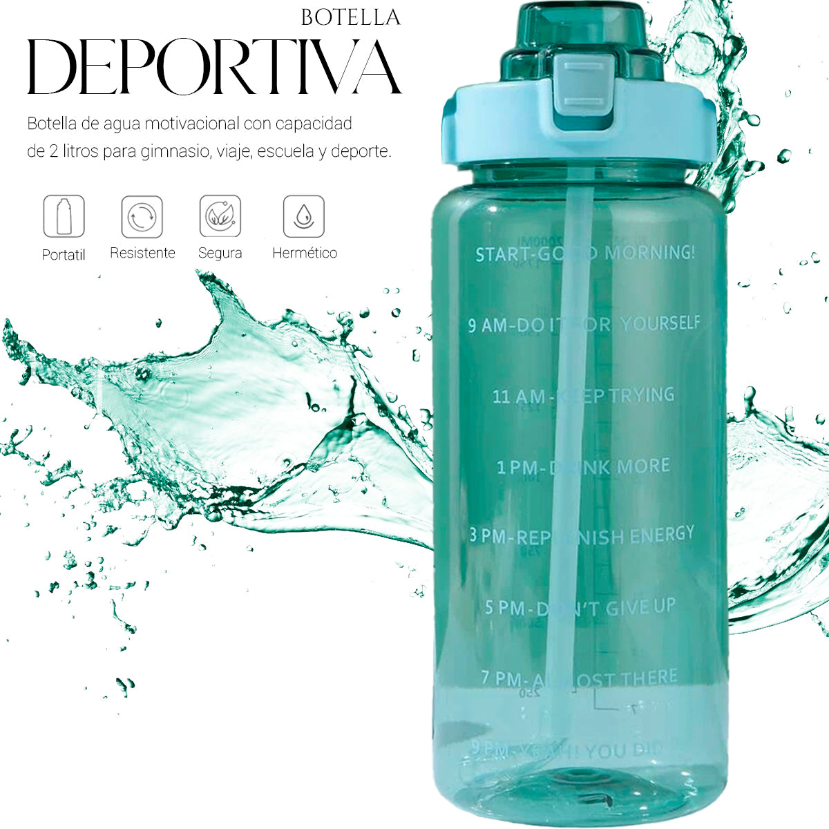 Botella De Agua Deportiva 2 Lts Gran Capacidad Gym Popote