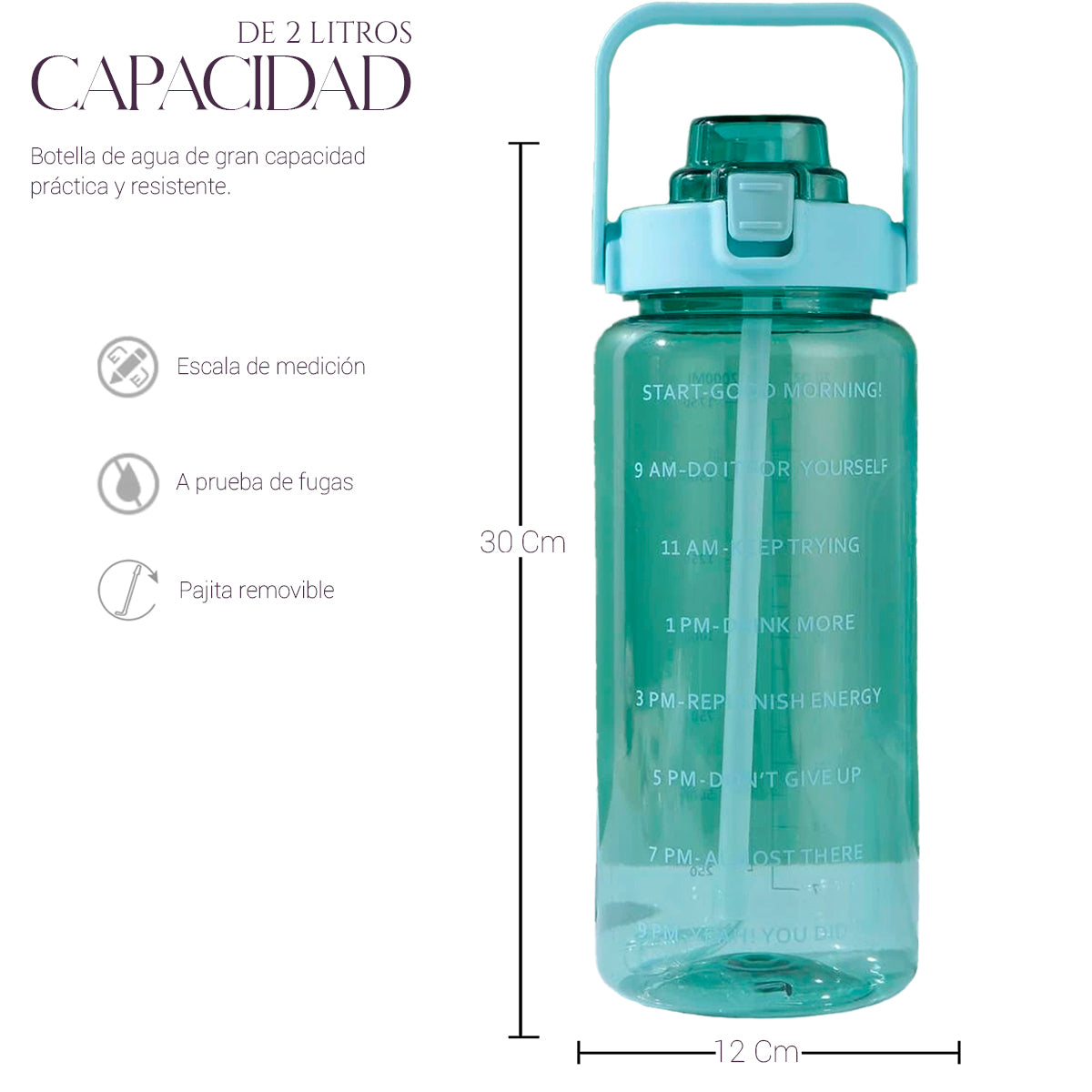 Botella De Agua Deportiva 2 Lts Gran Capacidad Gym Popote